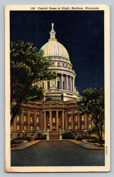 Capitol Dome at Night, Madison, Wisconsin Vintage Curt Teich Postcard