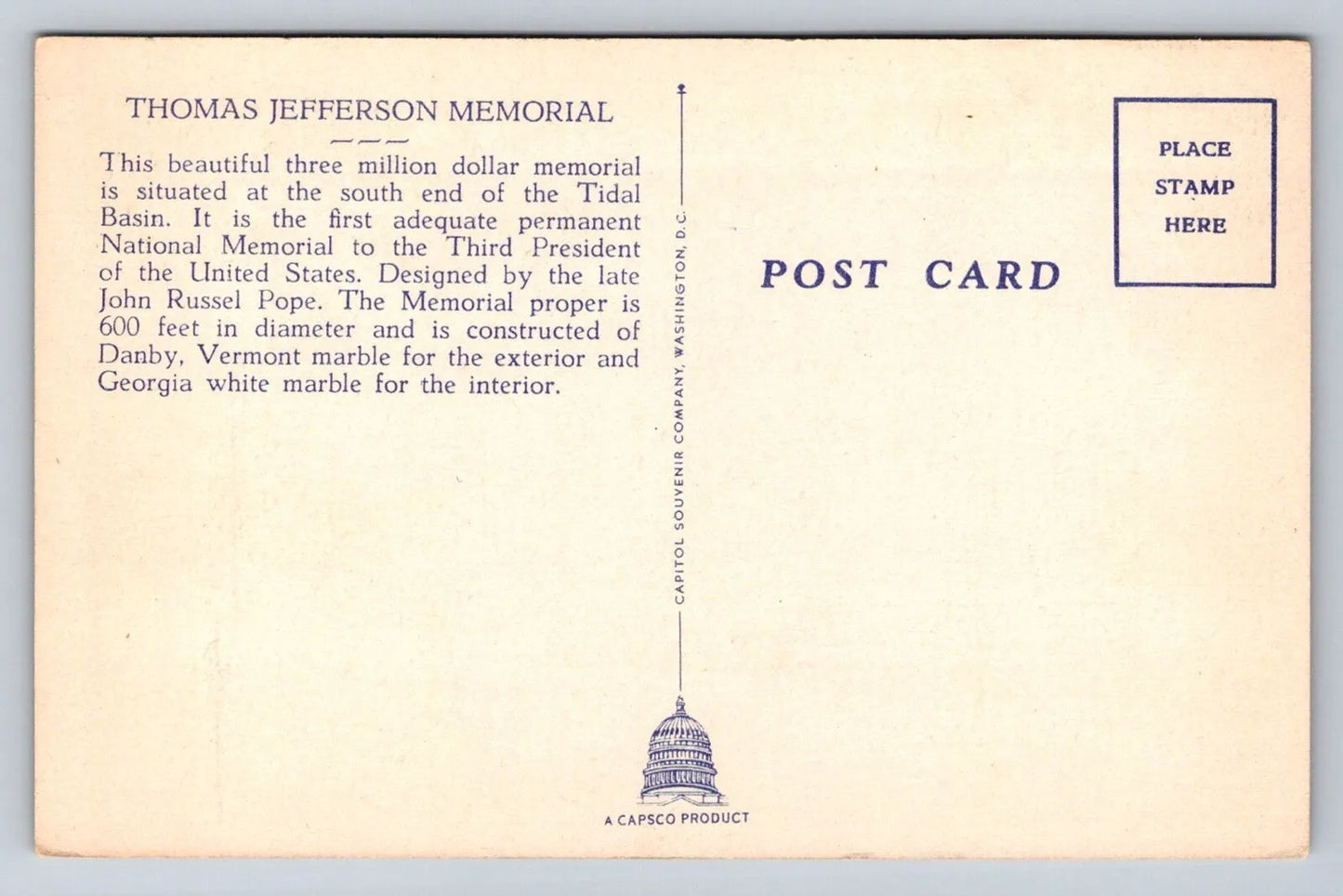 Thomas Jefferson Memorial, Washington DC Vintage Postcard