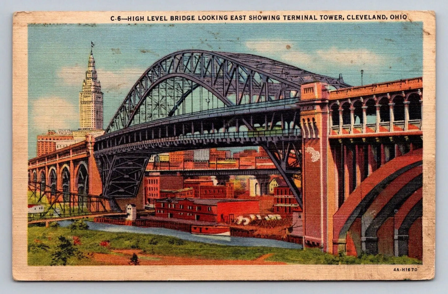 High Level Bridge Looking East Showing Terminal Tower, Cleveland, Ohio Postcard