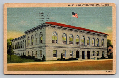 Post Office, Waukegan, Illinois Vintage Aero Distributing Co Postcard