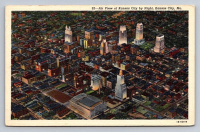 Air View of Kansas City by Night, Kansas City, Downtown, MO Vintage Postcard