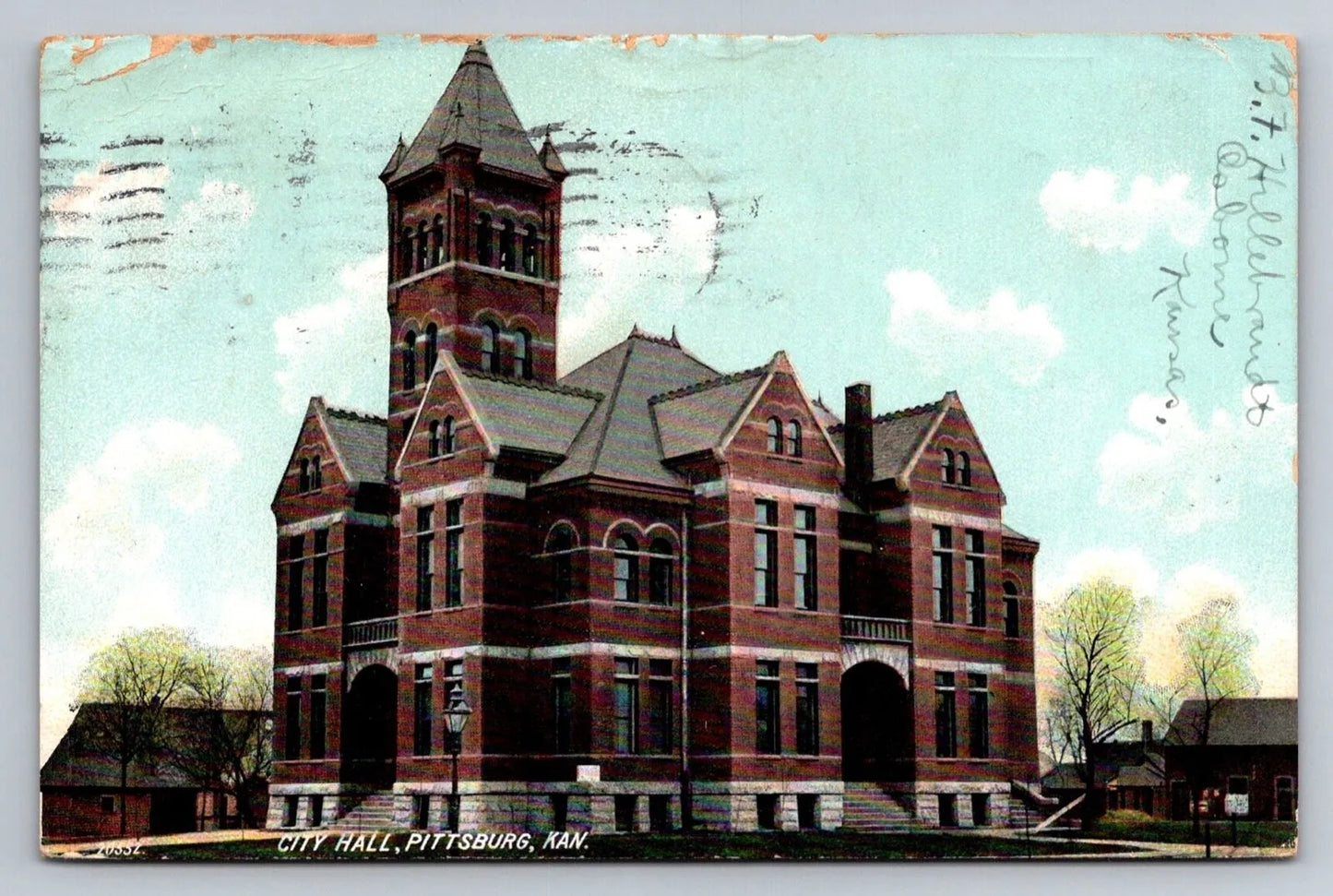 City Hall, Pittsburg, Kansas, 115+ Years Old Vintage Postcard (circa 1907)