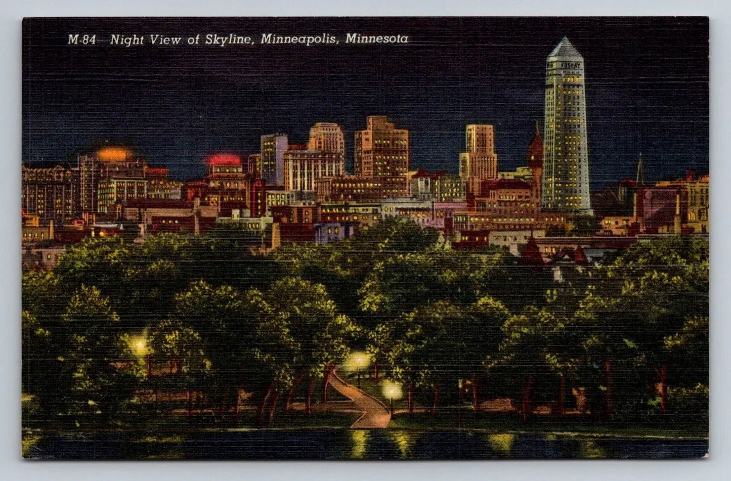 Night View of Skyline, Minneapolis, Minnesota Vintage Postcard