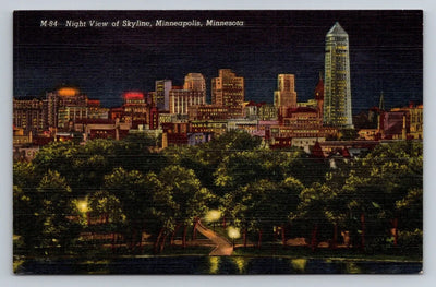 Night View of Skyline, Minneapolis, Minnesota Vintage Postcard