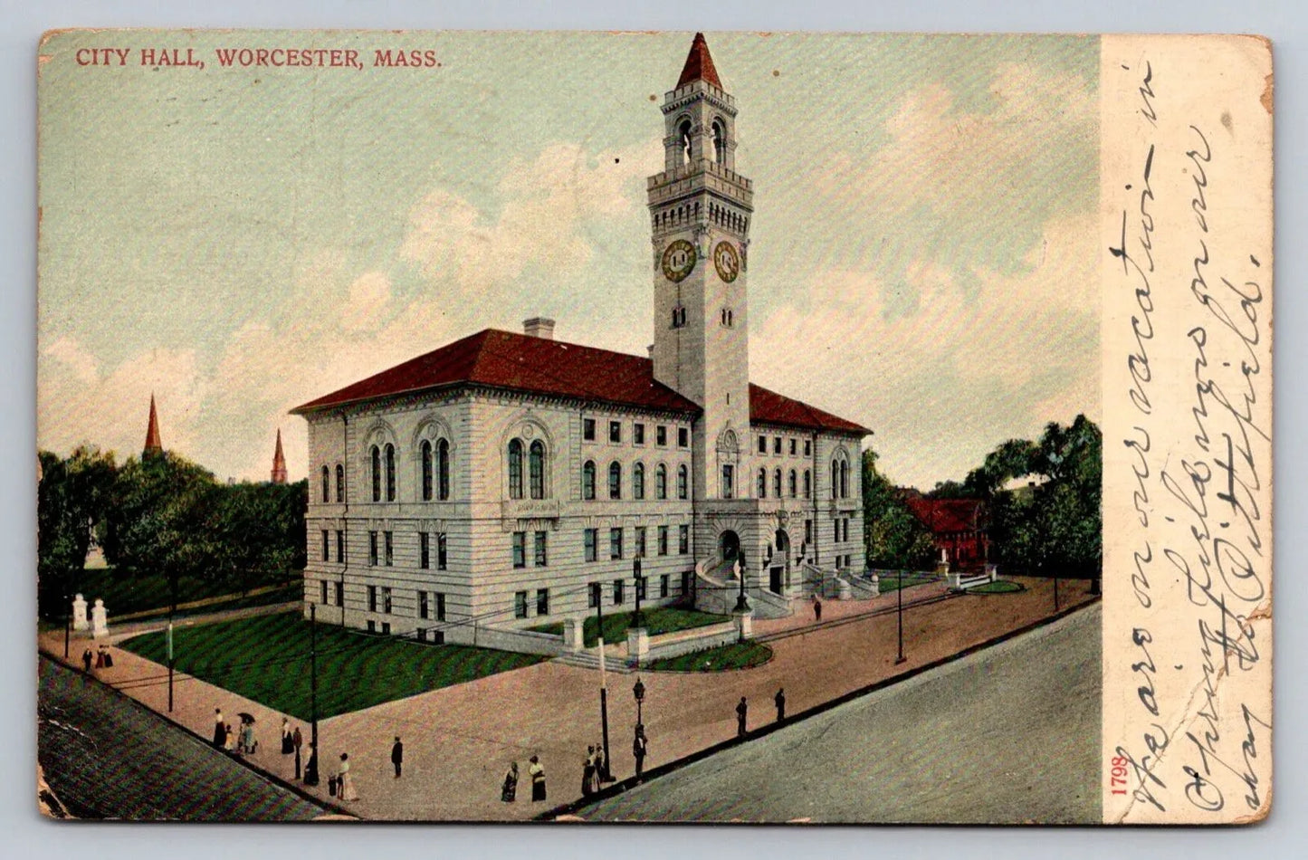 City Hall, Worcester, Mass. circa 1906 with One Cent Franklin Stamp Postcard