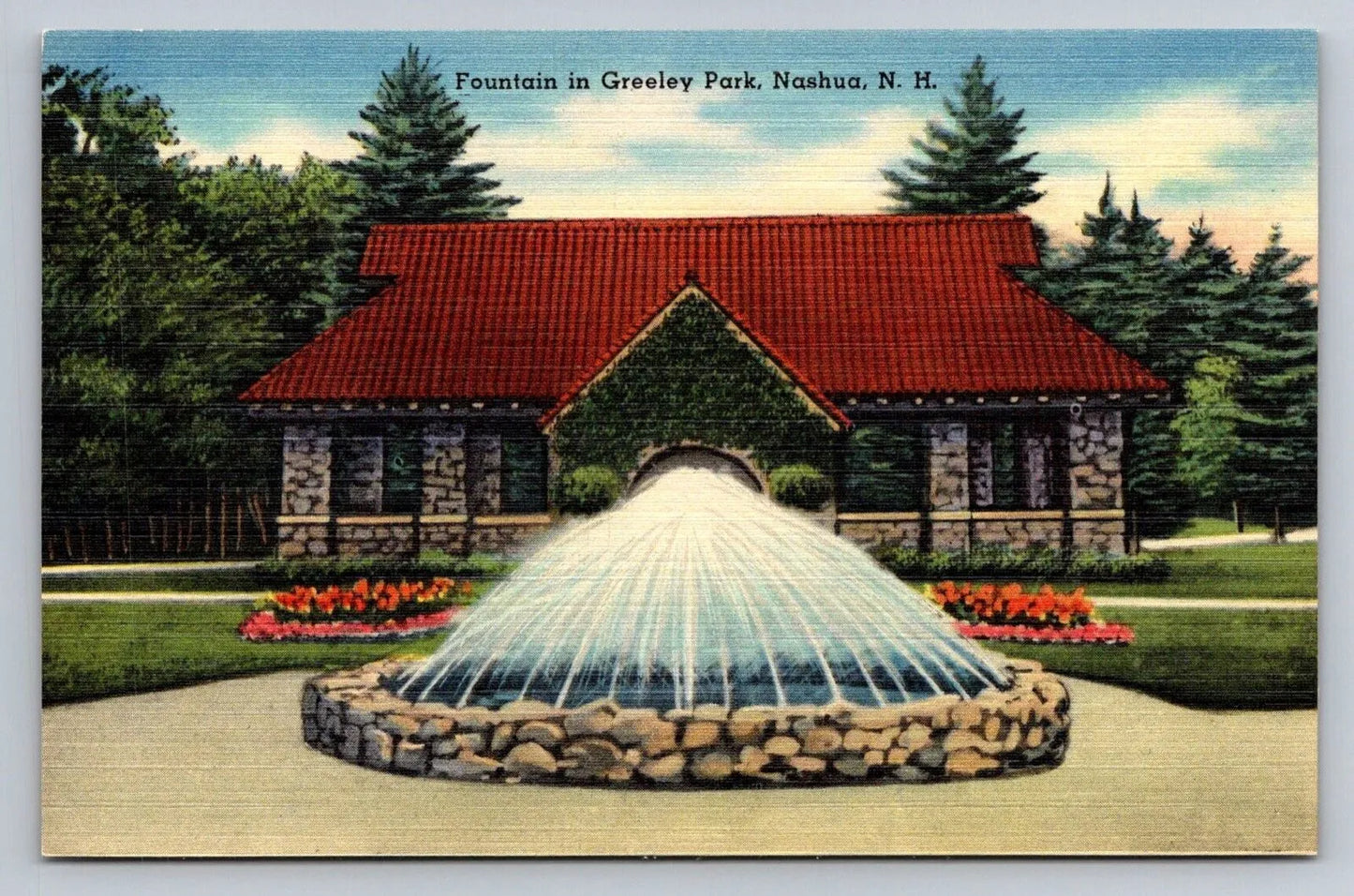 Fountain in Greeley Park, Nashua, NH (New Hampshire) Vintage Postcard