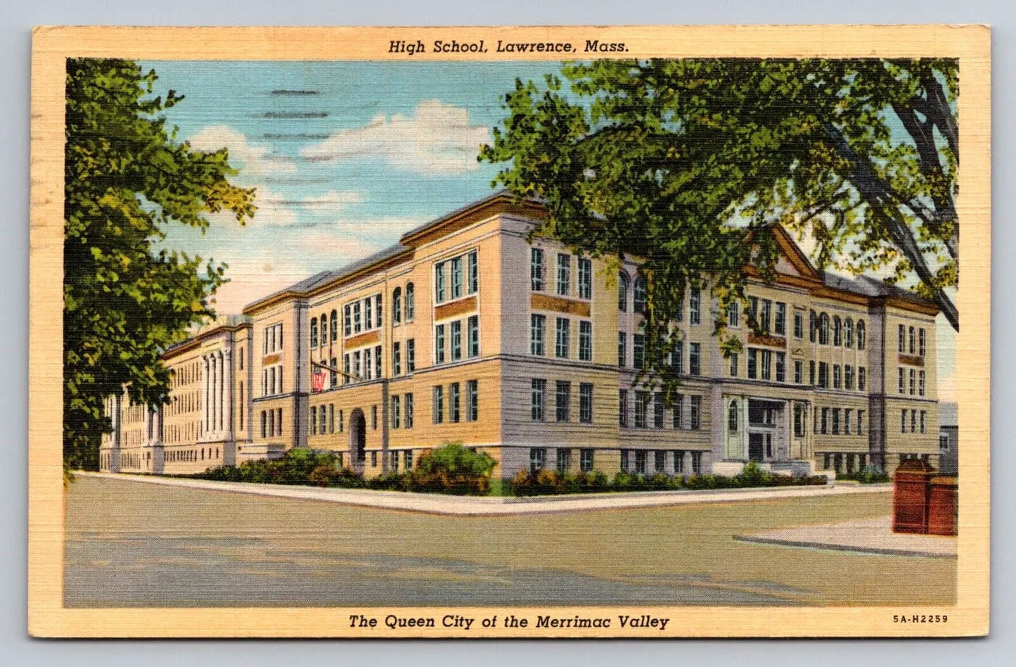 High School, Lawrence, Mass., Queen City of the Merrimac Valley c. 1942 Postcard