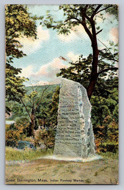 Great Barrington, Mass., Indian Fordway Marker circa 1907 Vintage Postcard