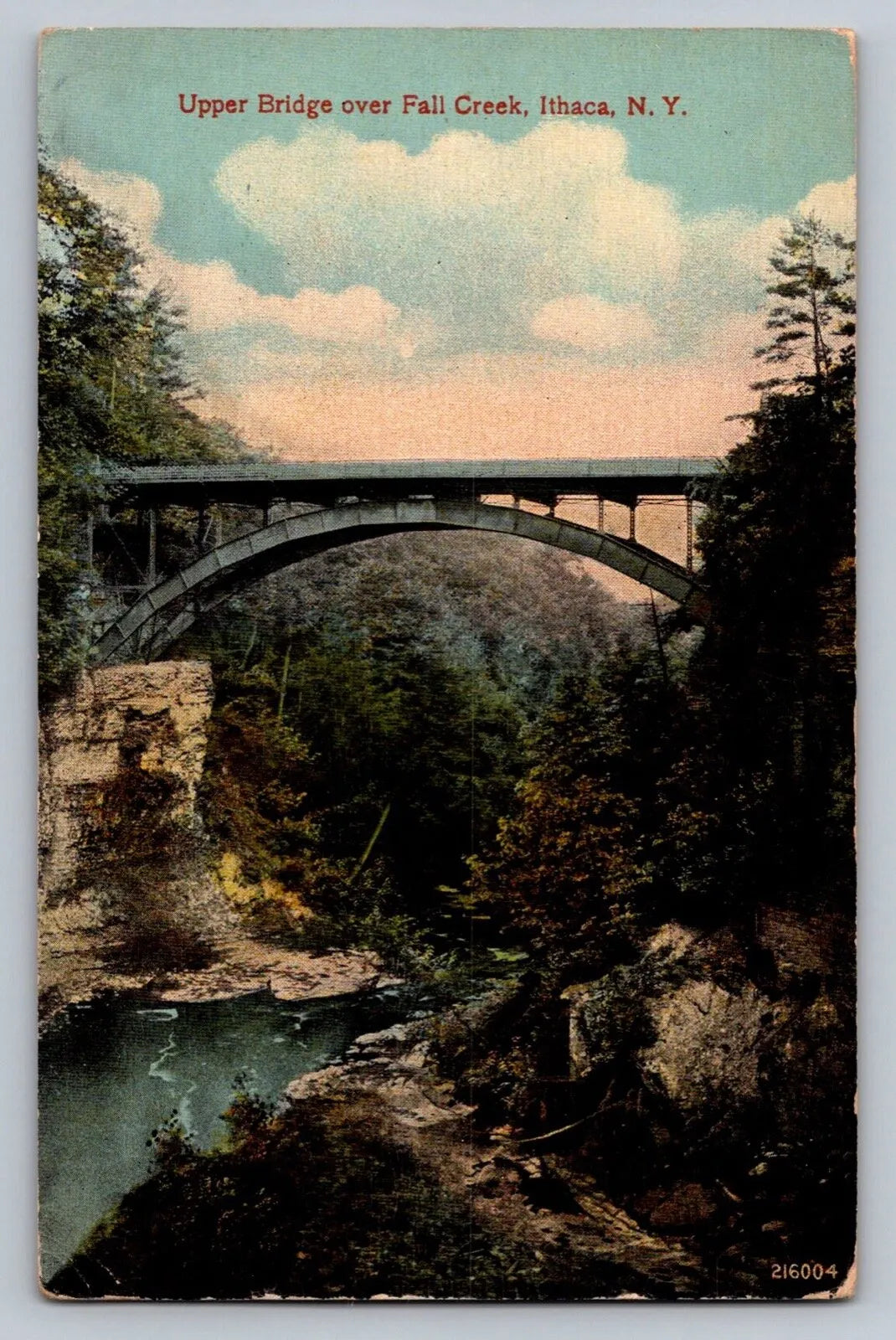 Upper Bridge Over Fall Creek, Ithaca, NY, circa 1914, with Stamp Postcard