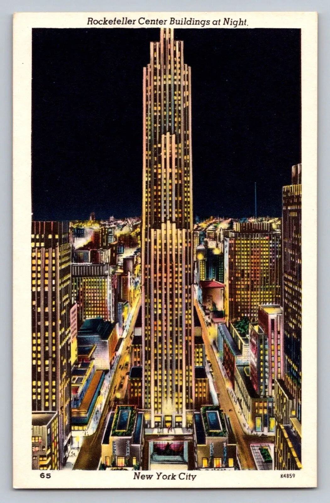 Rockefeller Center Buildings at Night, New York Vintage Postcard