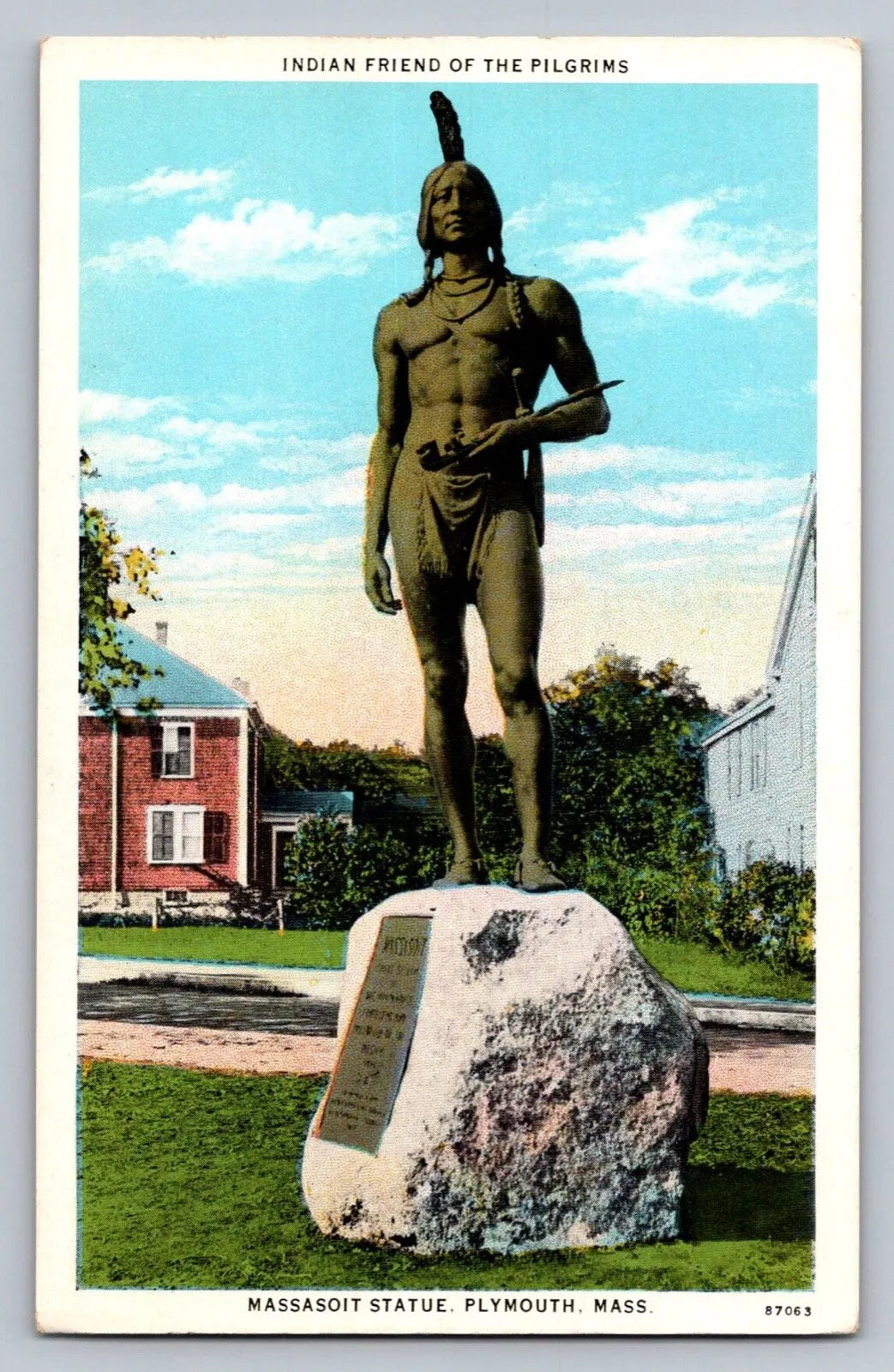 Indian Friend of the Pilgrims, Massasoit Statue. Plymouth. Mass. Postcard