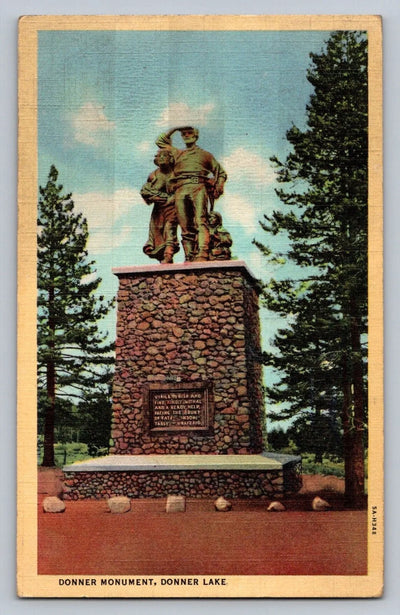 Donner Monument, Donner Lake, Truckee, California Vintage Curt Teich Postcard