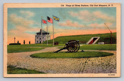 Flags of Three Nations, Old Fort Niagara, NY (New York) Vintage Postcard