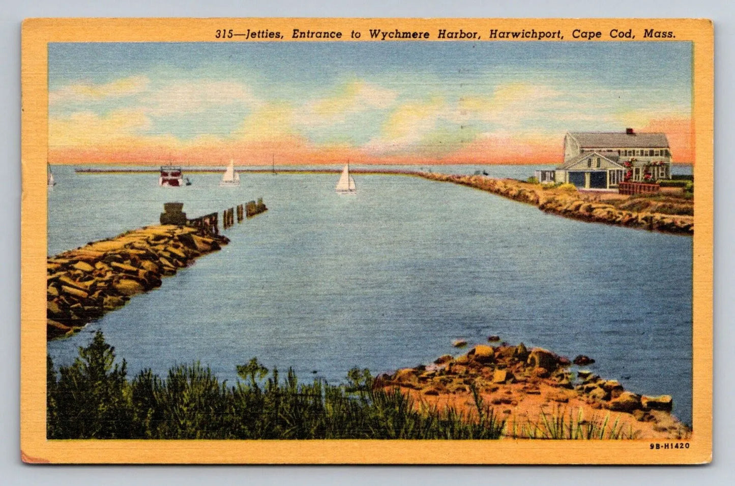 Jetties, Entrance to Wychmere Harbor, Harwichport, Cape Cod, Mass. Postcard