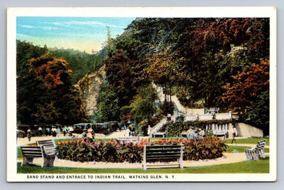 Band Stand and Entrance to Indian Trail. Watkins Glen, NY New York Postcard