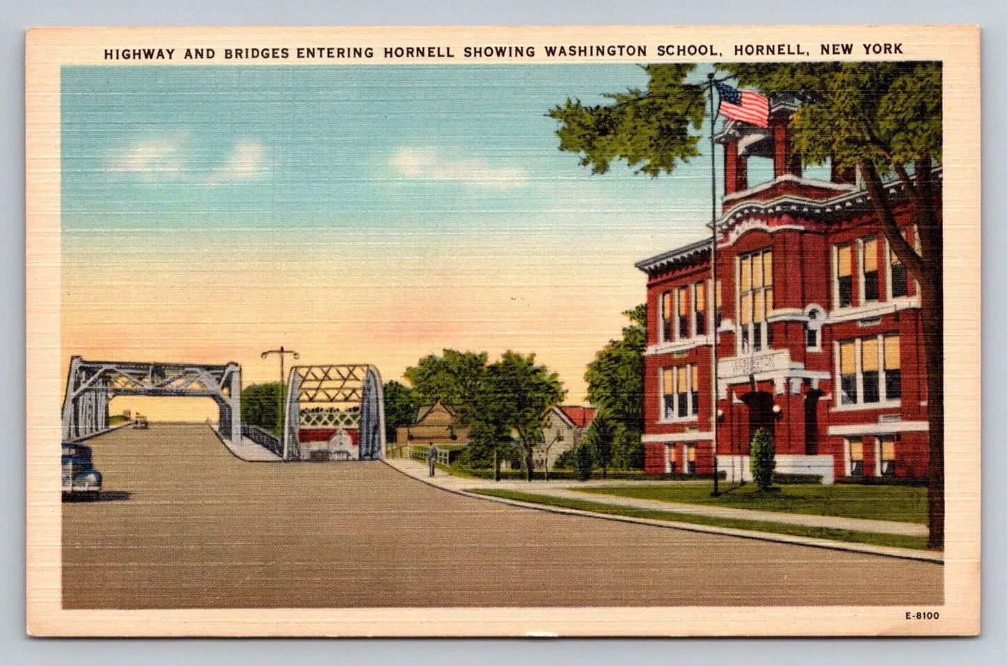 Highway and Bridges Entering Hornell Showing Washington School, NY Postcard