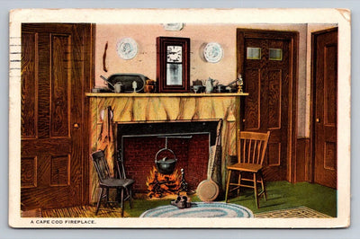 A Cape Cod Fireplace, House, Massachusetts Vintage Postcard