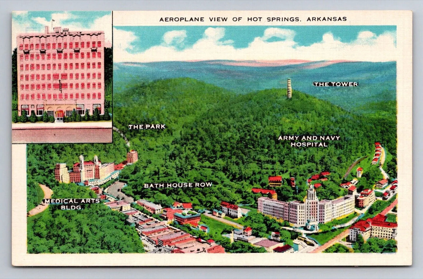 Aeroplane View of Hot Springs, Ark., Observation Tower, National Park Postcard