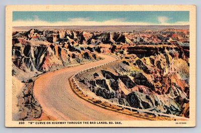 S Curve on Highway Through the Bad Lands, So. Dak. South Dakota Vintage Postcard