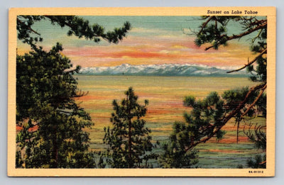 Sunset on Lake Tahoe, California, Sierra Nevada Mountains Vintage Postcard