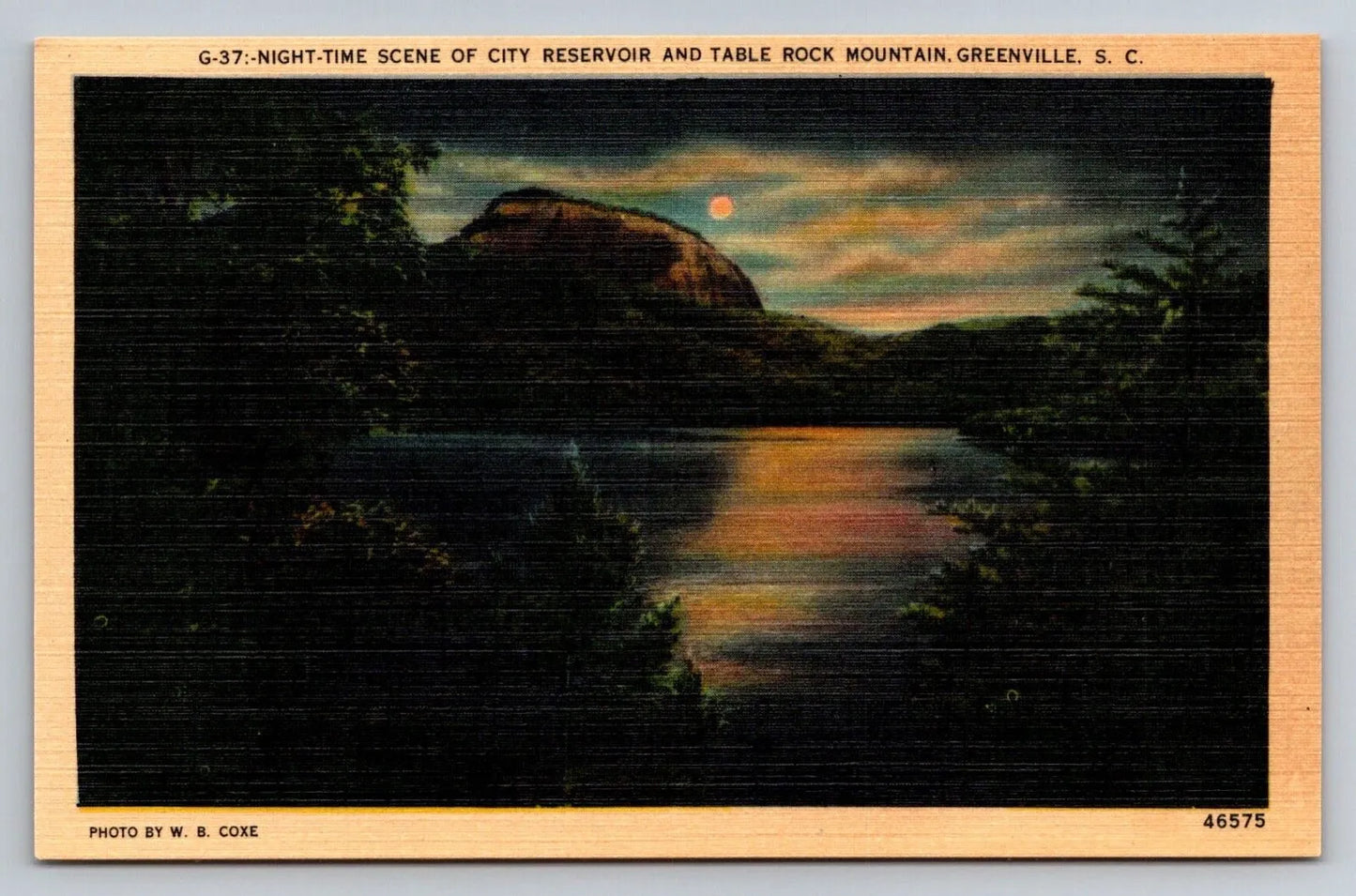 Night-time Scene of City Reservoir, Table Rock Mountain, Greenville, NC Postcard