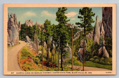 Hairpin Curve on Needles Highway, Custer State Park, Black Hills, SD Postcard