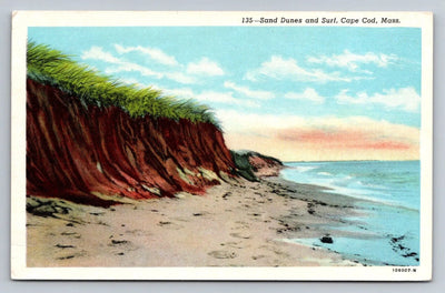 Sand Dunes and Surf, Cape Cod, Mass. Beach (Massachusetts) Vintage Postcard