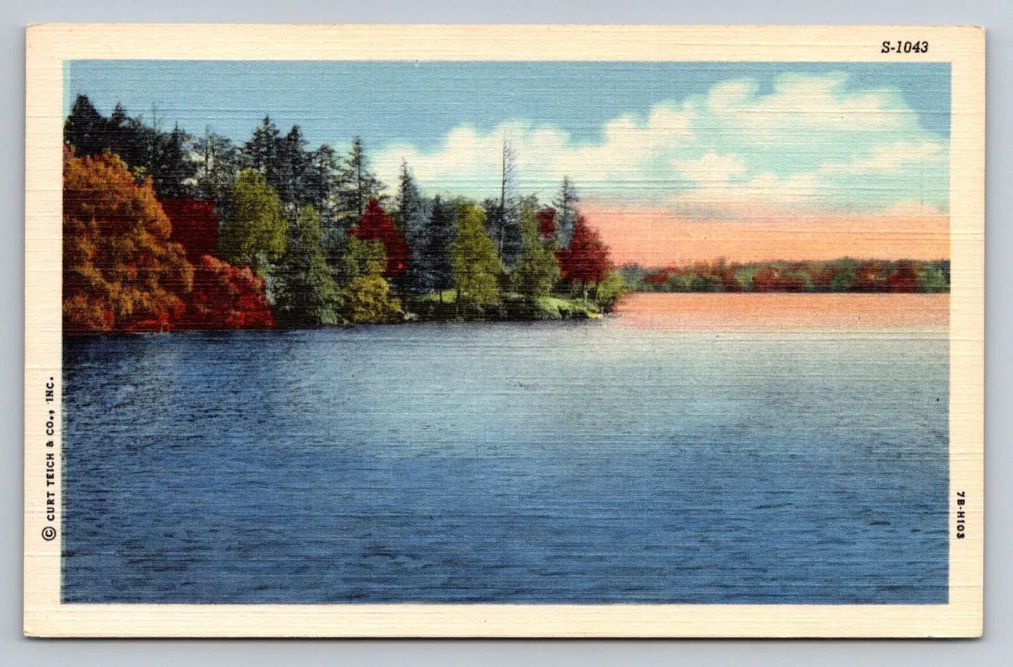 S-1043 Lake Scene with Autumn Colored Trees in Background, Curt Teich Postcard