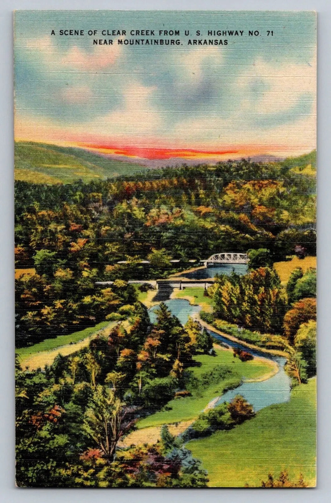 A Scene of Clear Creek from US Highway No. 71, Near Mountainburg, Ark. Postcard