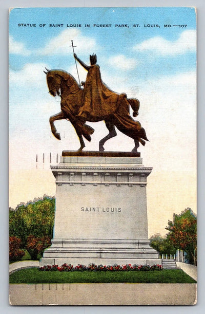 Statue of Saint Louis in Forest Park, St. Louis, MO (Missouri) Vintage Postcard