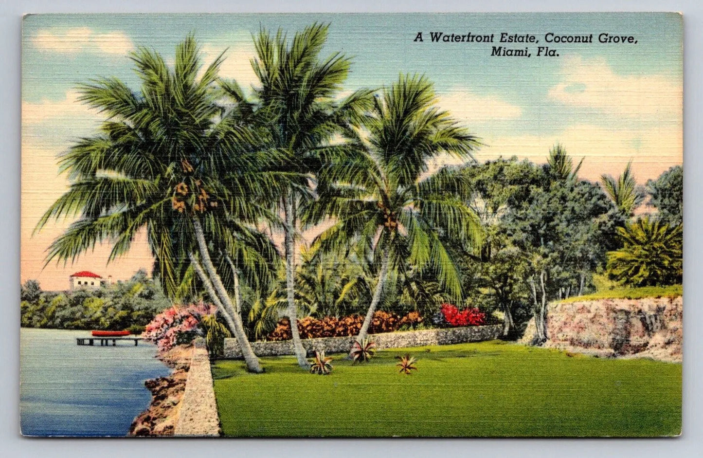 A Waterfront Estate, Coconut Grove, Miami, Florida - Palm Trees, Water Postcard