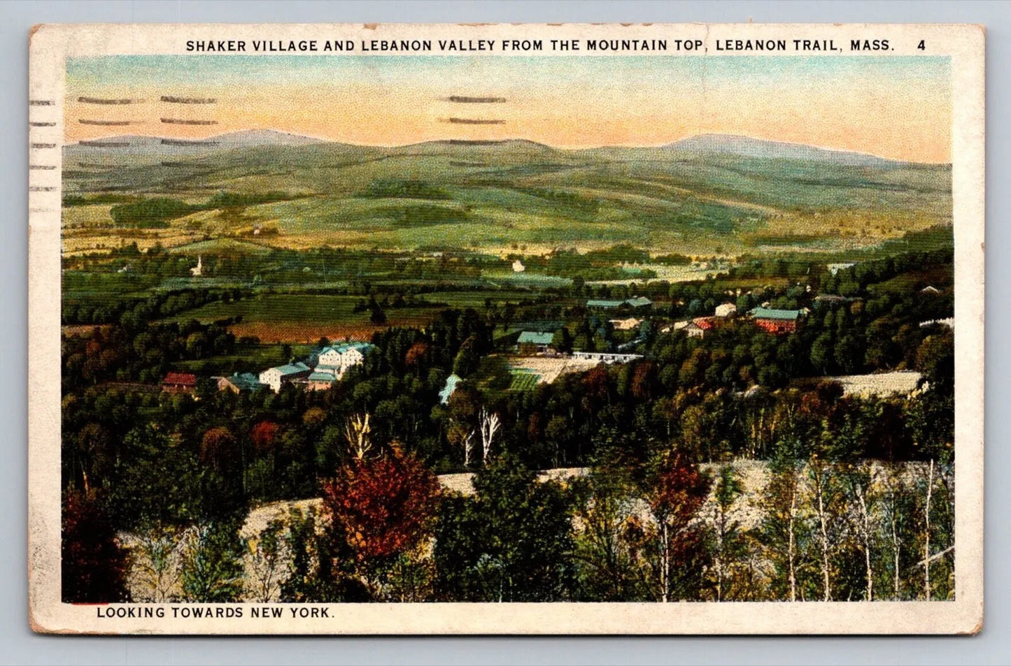 Shaker Village, Lebanon Valley from Mountain, Lebanon Trail, MA Vintage Postcard