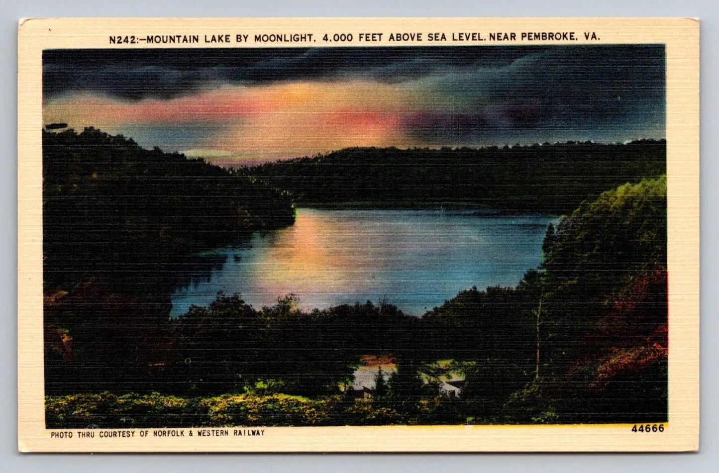 Mountain Lake by Moonlight, 4,000 Feet, Near Pembroke, VA (Virginia) Postcard