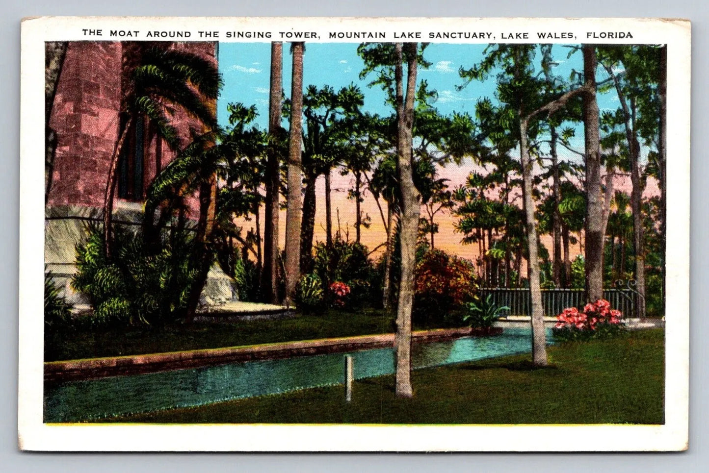 Moat Around the Singing Tower. Mountain Lake Sanctuary, Lake Wales, FL Postcard