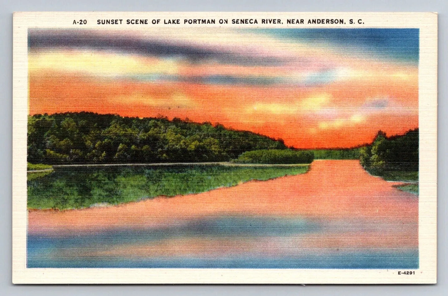 Sunset Scene of Lake Portman on Seneca River, Near Anderson, SC Vintage Postcard