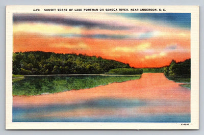 Sunset Scene of Lake Portman on Seneca River, Near Anderson, SC Vintage Postcard