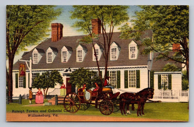 Raleigh Tavern and Colonial Coach, Williamsburg, Va. - Horses Vintage Postcard