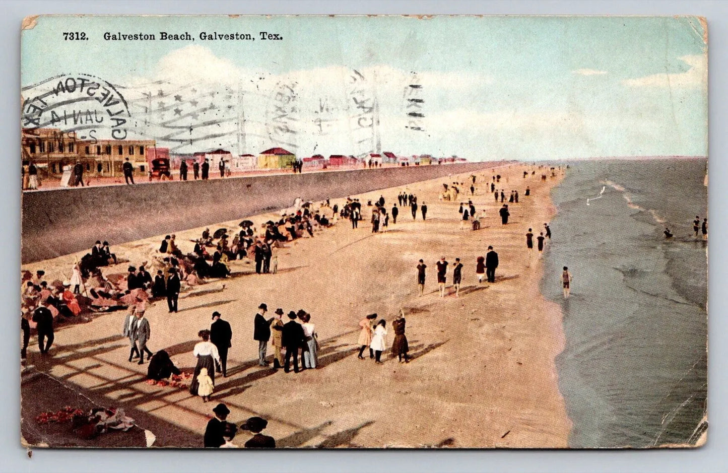 Galveston Beach, Galveston, Texas Vintage Postcard (circa 1912)