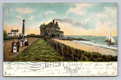 New London, Conn. Lighthouse, Beach and Sail Boat (Connecticut) Vintage Postcard