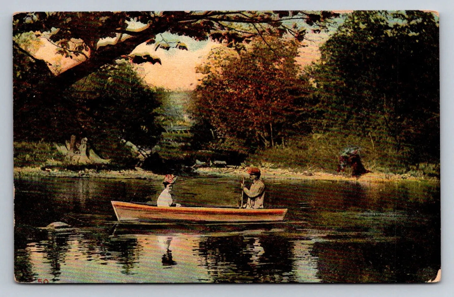 Untitled Man and Woman in Small Boat Amongst Trees Vintage Postcard - Wow!