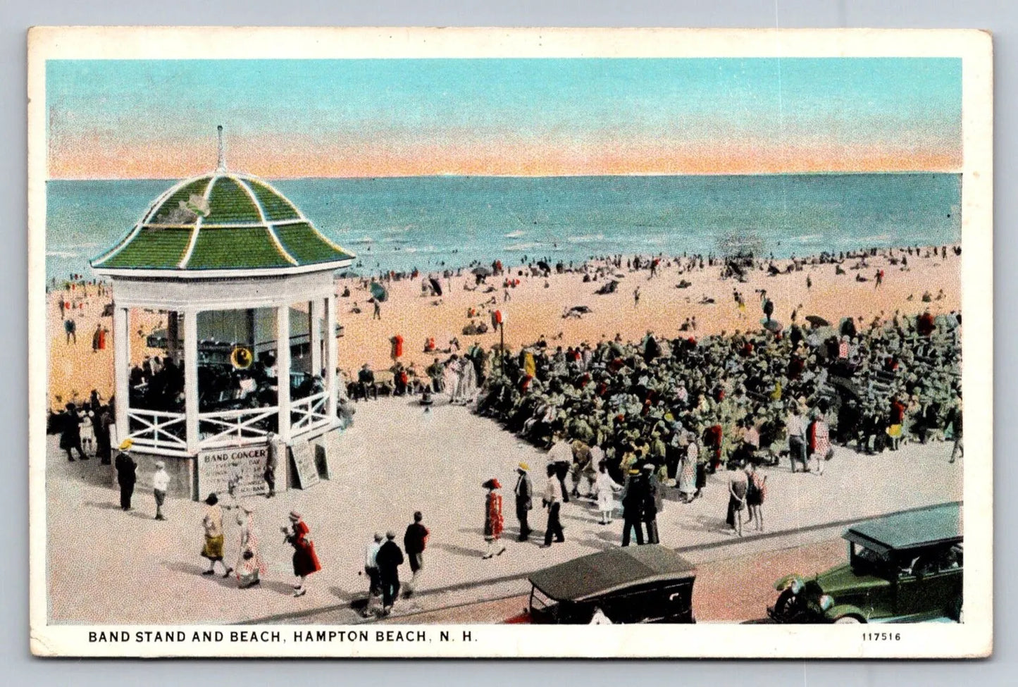 Band Stand and Beach. Hampton Beach, NH (New Hampshire) Vintage Postcard