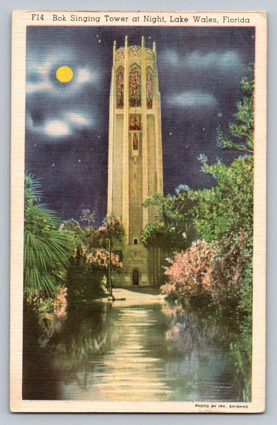 Bok Singing Tower at Night, Lake Wales, Florida Vintage Postcard