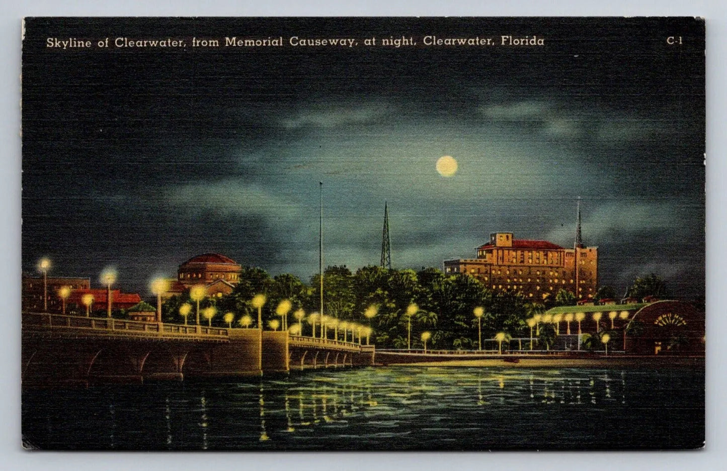 Skyline of Clearwater from Memorial Causeway at Night. Clearwater, FL Postcard