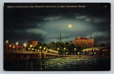 Skyline of Clearwater from Memorial Causeway at Night. Clearwater, FL Postcard