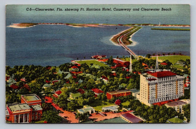 Clearwater, Fla. Showing Ft. Harrison Hotel, Causeway, Clearwater Beach Postcard