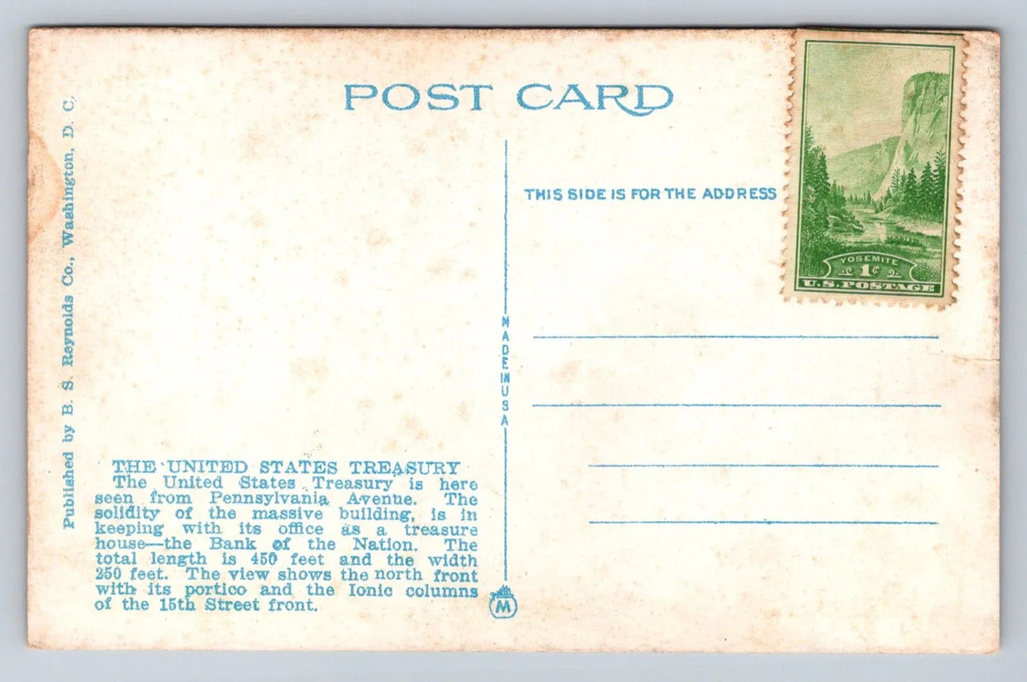 U. S. Treasury, Washington DC (Yosemite 1c Stamp) Vintage Postcard