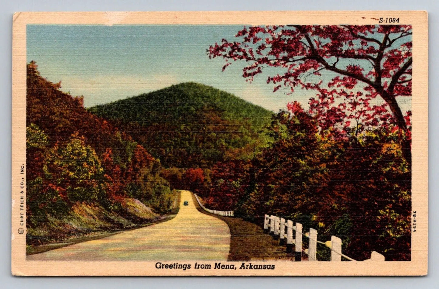 Greetings from Mena, Arkansasm Beautiful Road Vintage Curt Teich Postcard