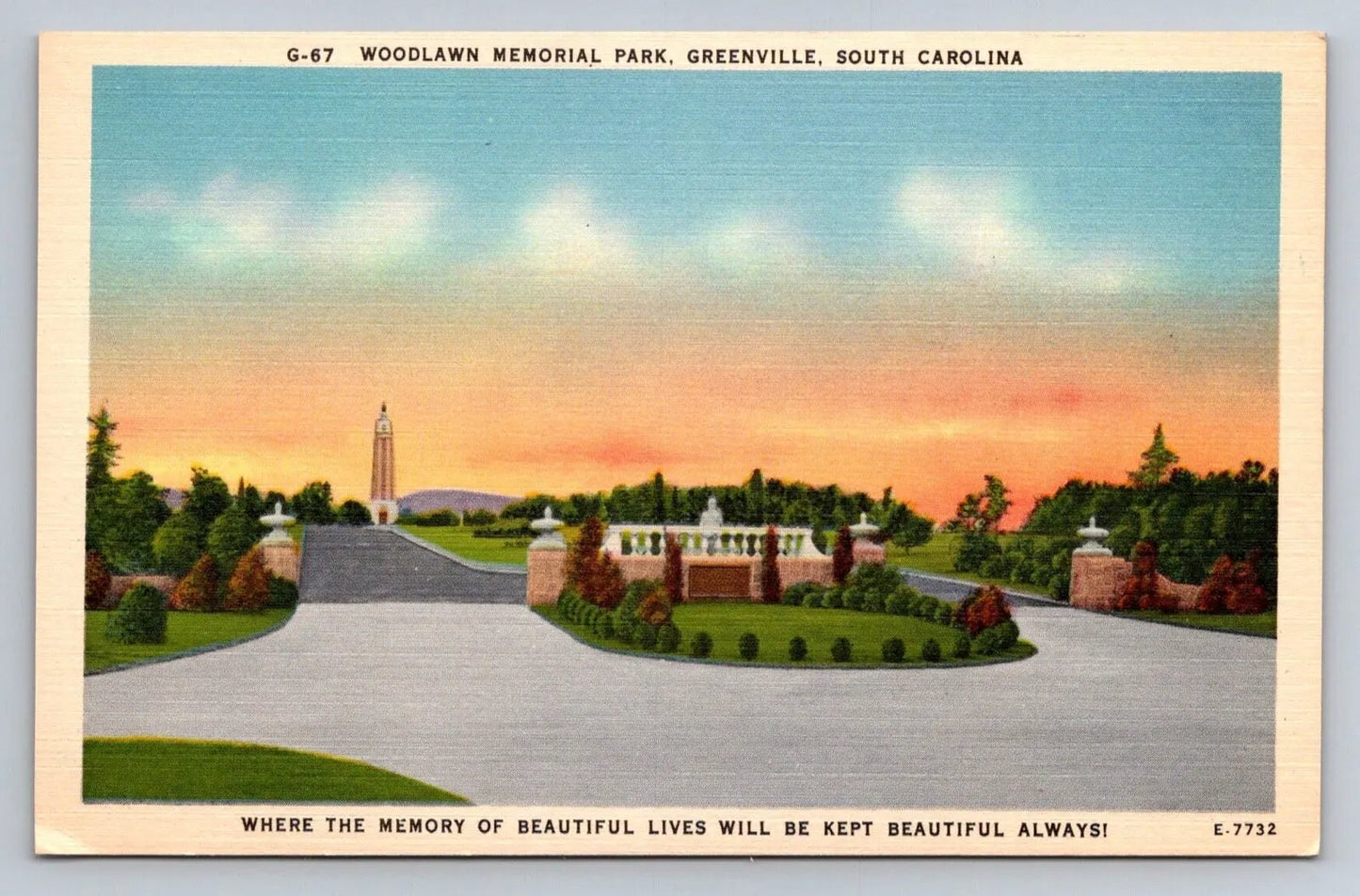 Woodlawn Memorial Park, Greenville, South Carolina Vintage Postcard VERY SPECIAL