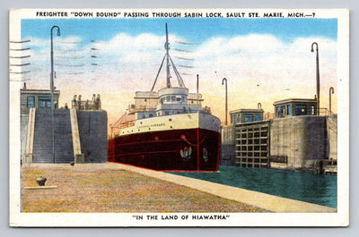 Freighter Down Bound Passing Through Sabin Lock, Sault Ste. Marie, MI Postcard