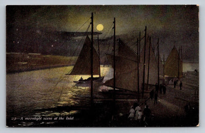 A Moonlight Scene at the Inlet, Sailboats Vintage Postcard VERY SPECIAL